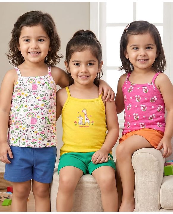 Babyhug 100% Cotton Knit Singlet Sleeves Animal & Floral Printed Slips Pack of 3 - Yellow White & Pink