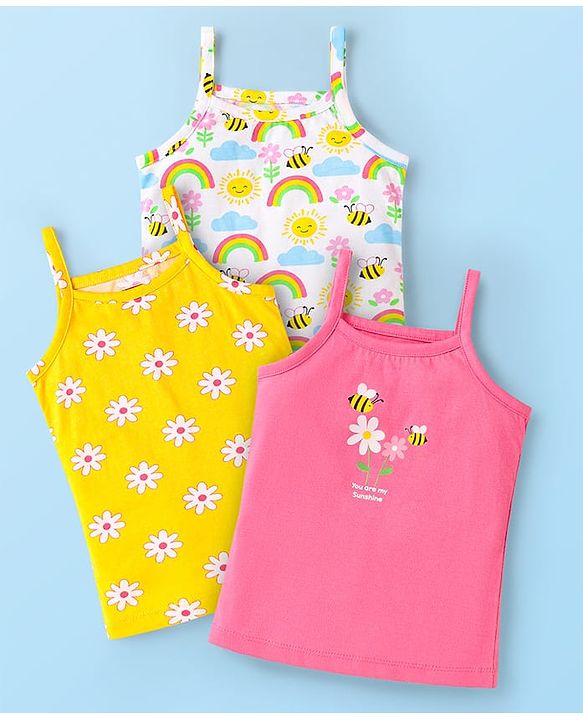 Babyhug 100% Cotton Single Jersey Knit Slips With Floral & Rainbow Print Pack Of 3 - Yellow Pink & White