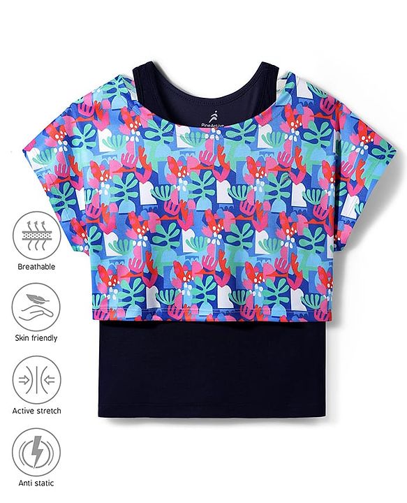 Pine Active Knit Half Sleeves Printed Crop Top With Inner Vest - Navy Blue