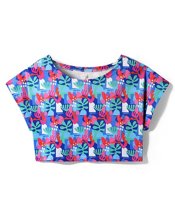 Pine Active Knit Half Sleeves Printed Crop Top With Inner Vest - Navy Blue