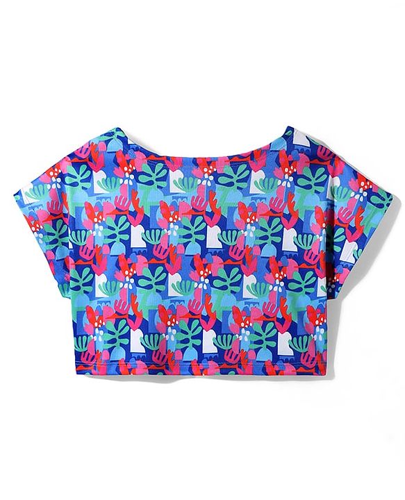 Pine Active Knit Half Sleeves Printed Crop Top With Inner Vest - Navy Blue