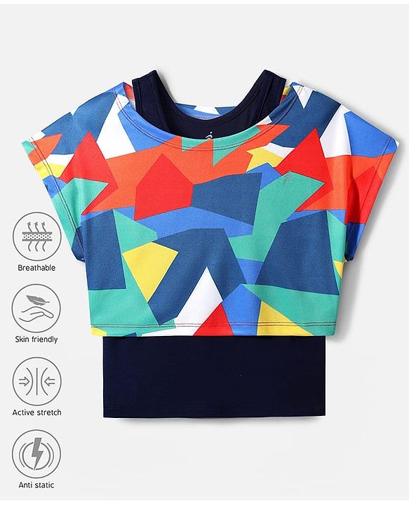 Pine Active Half Sleeves Super Stretch Crop Top & Inner T-Shirt - Blue & Black