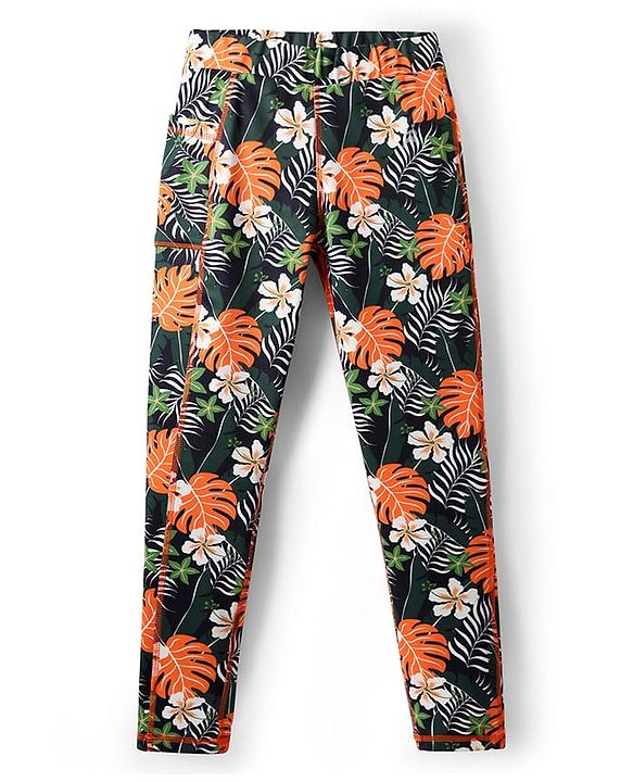 Pine Active Full Length Super Stretch Leggings with Floral Print  - Black & Dark Green