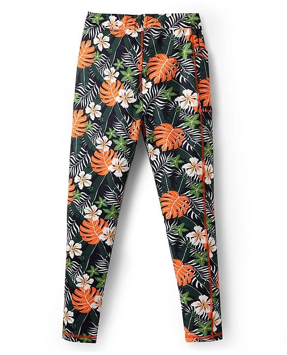 Pine Active Full Length Super Stretch Leggings with Floral Print  - Black & Dark Green