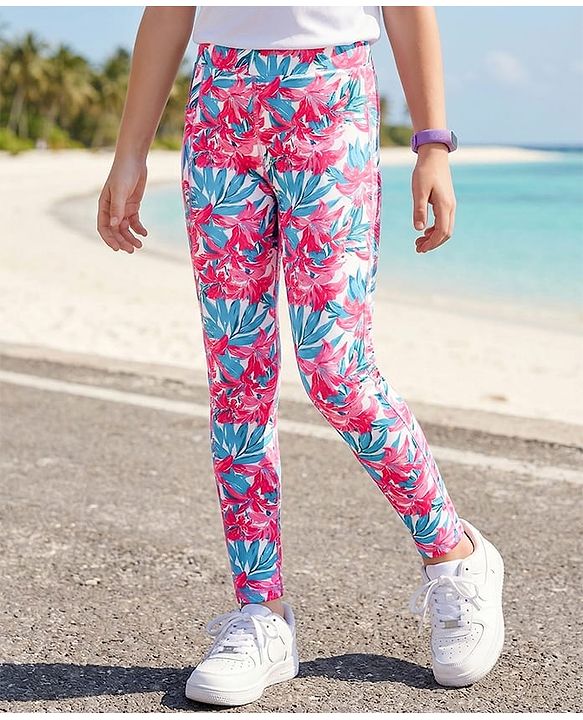 Pine Active Full Length Super Stretch Leggings with Floral Print  - Pink