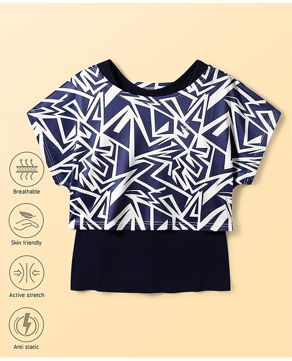 Pine Active Knit Half Sleeves Super Stretch Printed Crop Top with Vest - Navy Blue