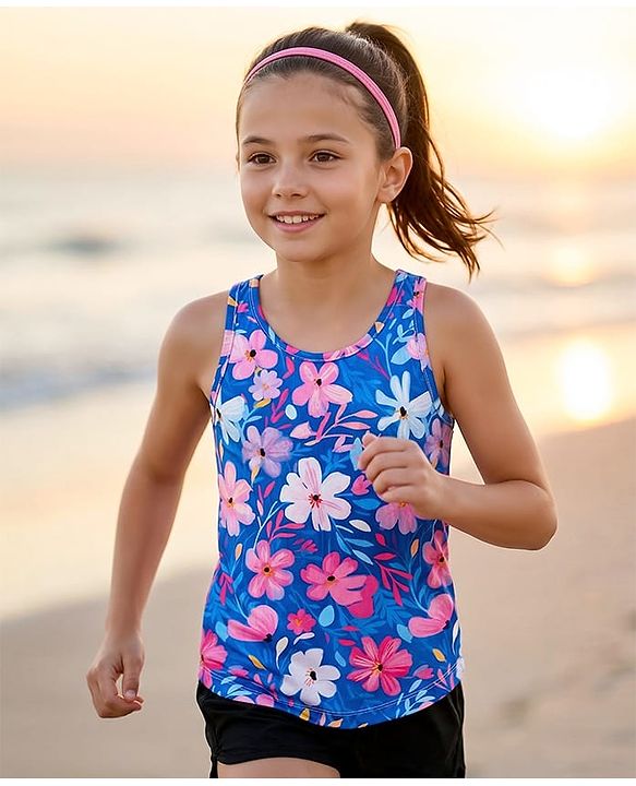 Pine Active Knit Sleeveless Tank T-Shirt With Floral Print - Blue