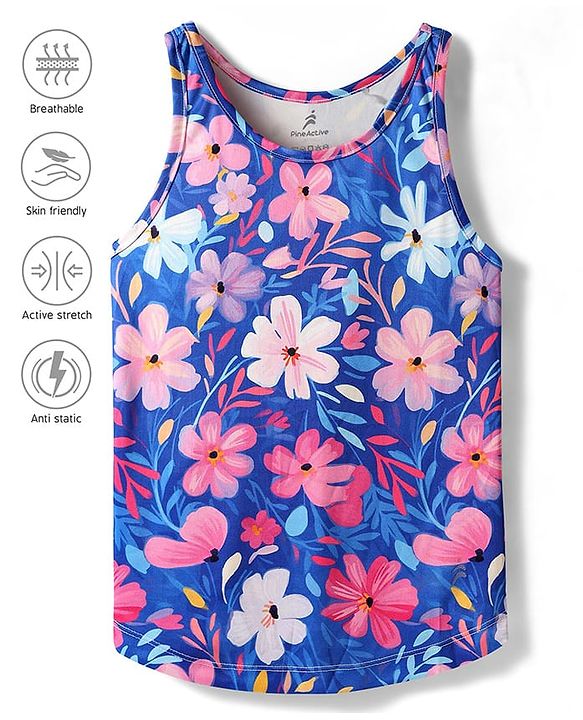 Pine Active Knit Sleeveless Tank T-Shirt With Floral Print - Blue
