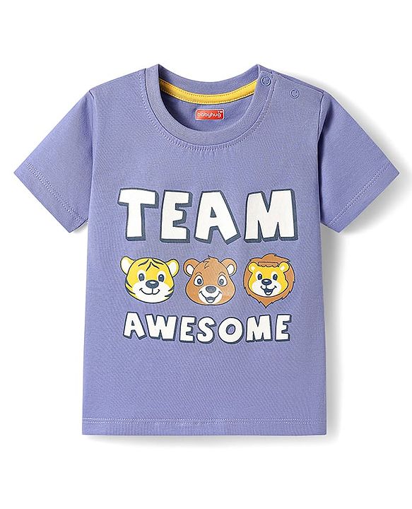 Babyhug Cotton Knit Half Sleeves T-Shirt with Team Awesome  Print - Purple