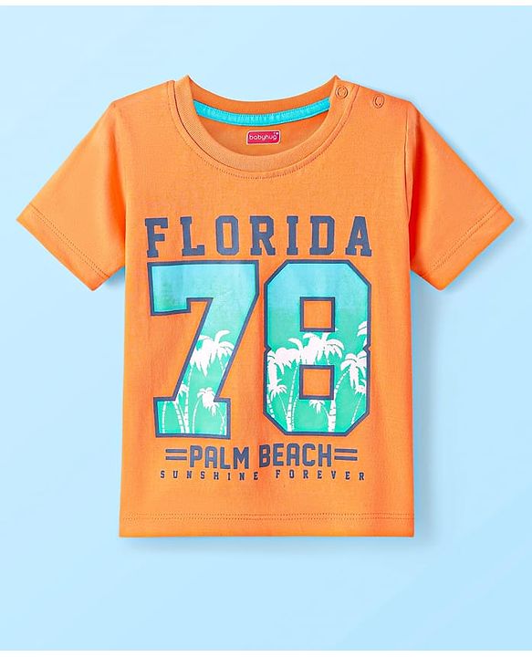Babyhug Cotton Knit Half Sleeves T-Shirt with Beach Theme Print - Orange