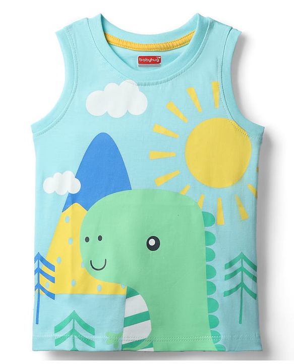 Babyhug Cotton Knit Sleeveless Tank T-Shirt With Dino Print - Light Blue