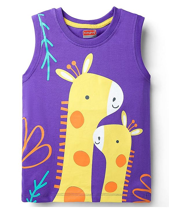 Babyhug Cotton Knit Sleeveless Tank T-Shirt With Animal Graphics - Purple