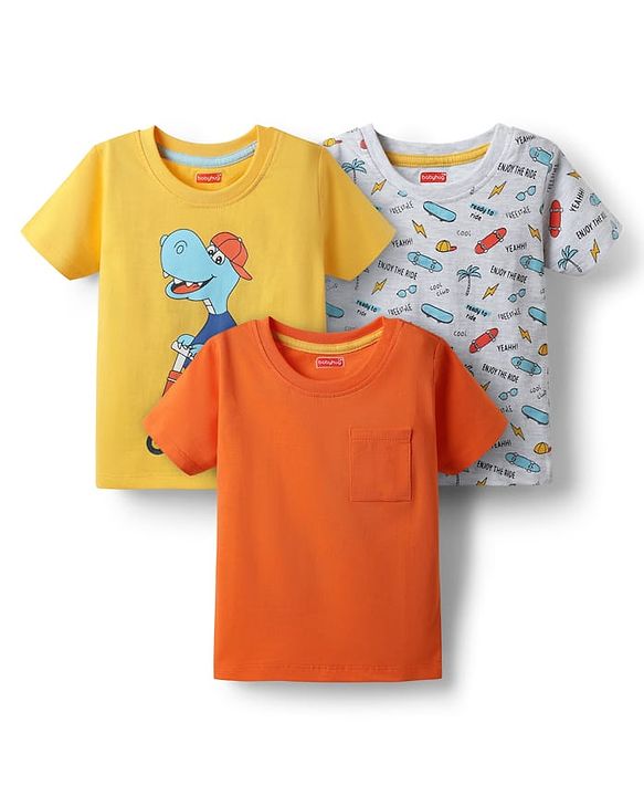 Babyhug Cotton Knit Half Sleeves T-Shirts with Skating Print Pack of 3 - Yellow Orange & Grey