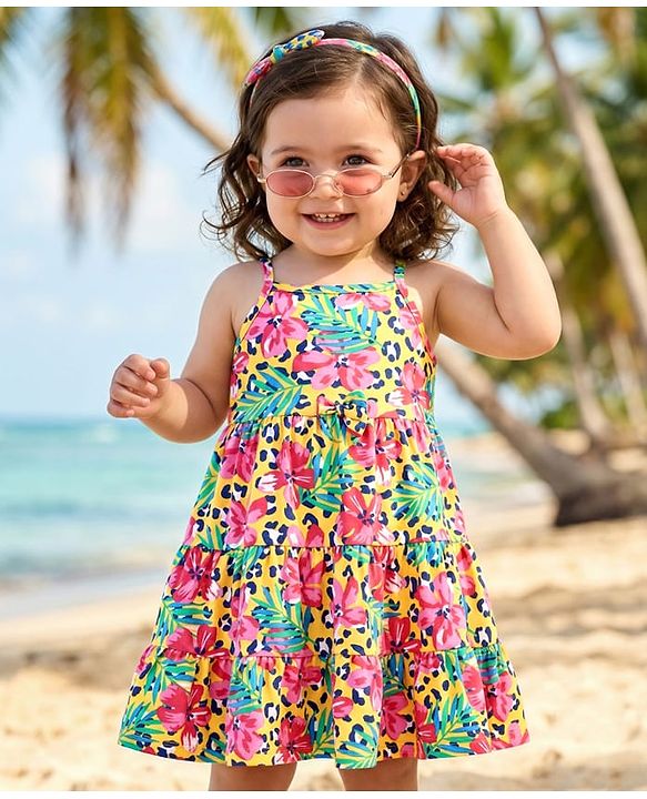 Babyhug Single Jersey Knit Sleeveless Frock with Floral Print - Yellow  Pink & Green