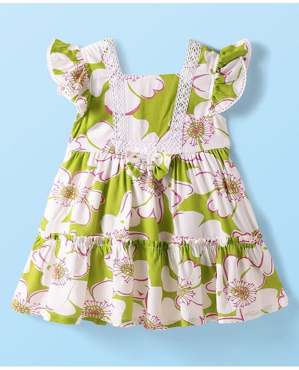 Babyhug Single Jersey Knit Frill Sleeves Dress With Floral Print & Lace Detailing - Green