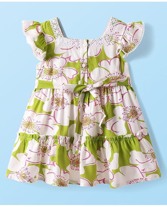 Babyhug Single Jersey Knit Frill Sleeves Dress With Floral Print & Lace Detailing - Green