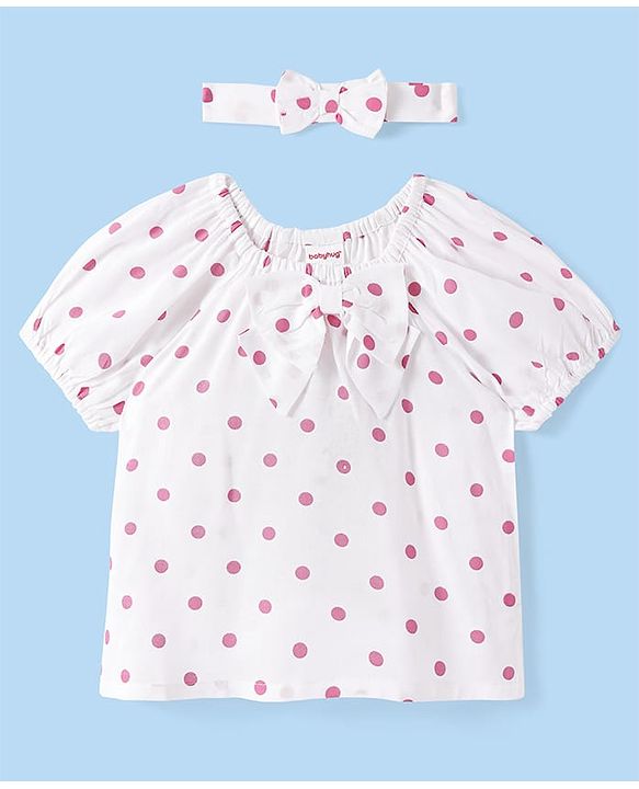 Babyhug Rayon Woven Half Raglan Sleeves Polka Dots Printed Top with Bow Applique & Headband - White