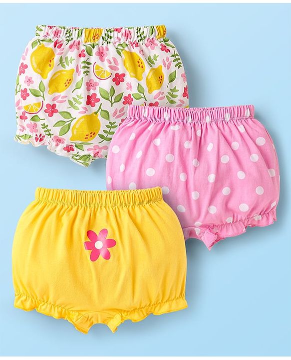 Babyhug 100% Cotton Single Jersey Knit Bloomers With Polka Dots & Floral Print Pack Of 3 - Pink Yellow & White