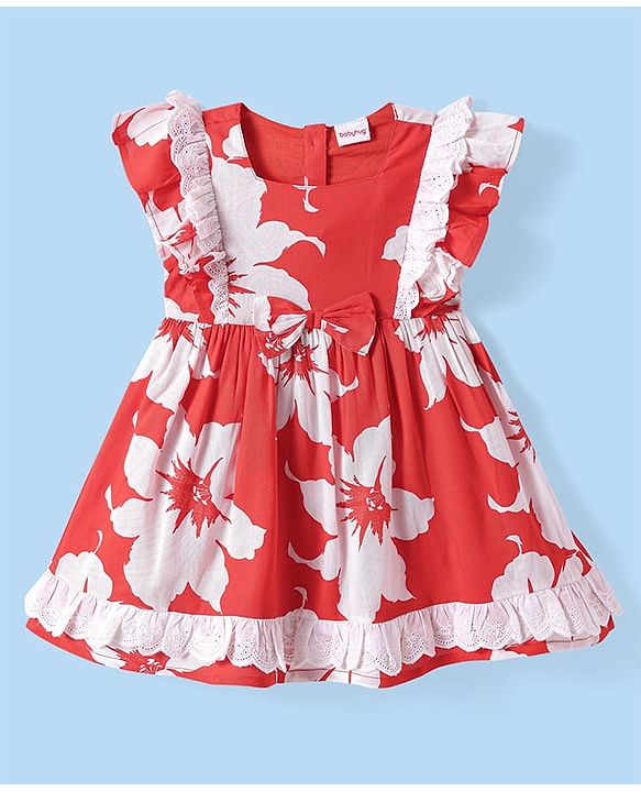 Babyhug Cotton Knit Frill Sleeves Frock with Floral Print & Lace Detailing - Rust Orange