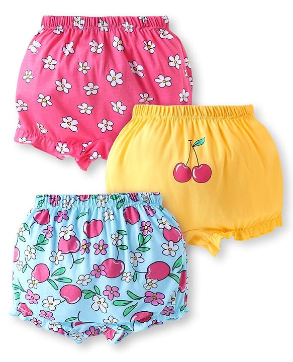 Babyhug 100% Cotton Knit Bloomers with Floral Print Pack of 3 - Blue Yellow & Pink