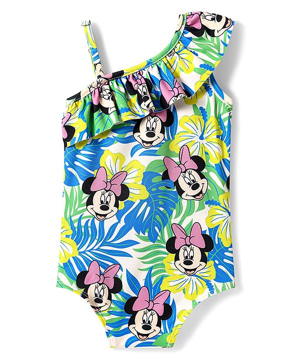 Babyhug Disney Sleeveless V Cut Swimsuit With Frill Detailing And Minnie Mouse Print - Multicolour