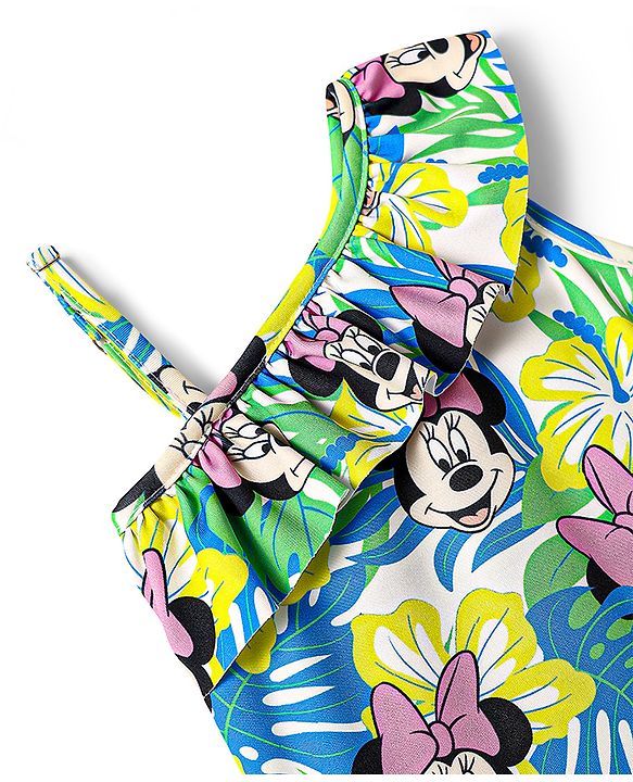 Babyhug Disney Sleeveless V Cut Swimsuit With Frill Detailing And Minnie Mouse Print - Multicolour