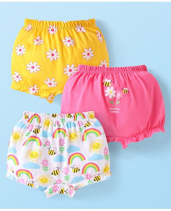 Babyhug 100% Cotton Knit Bloomers with Floral & Honeybees Print Pack of 3 - Yellow Pink & White