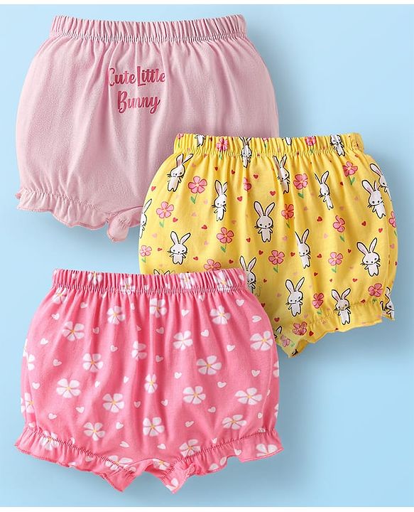 Babyhug 100% Cotton Single Jersey Knit Bloomers With Floral & Bunny Print Pack Of 3 - Yellow & Pink