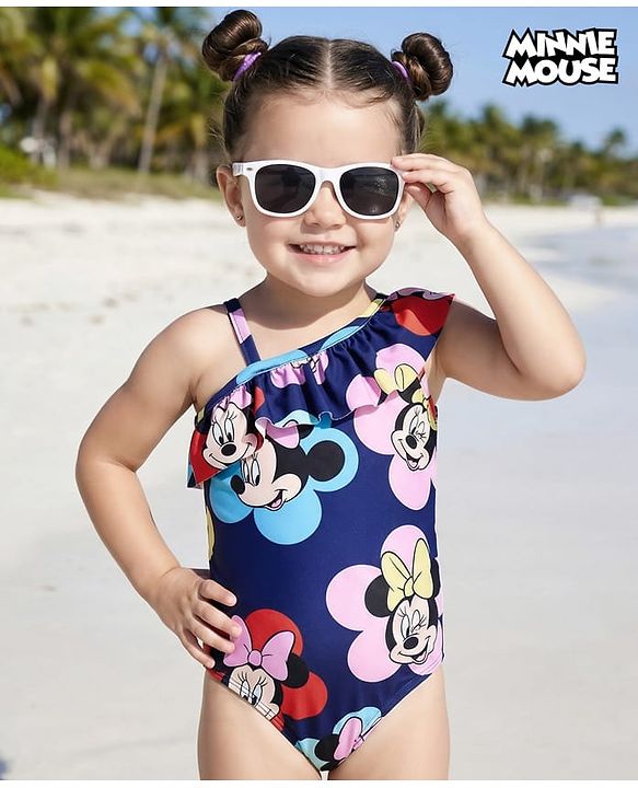 Babyhug Disney Sleeveless V Cut Swimsuit With Frills Detailing Minnie Mouse Print - Navy Blue