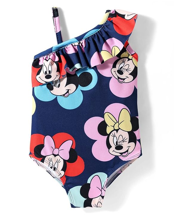 Babyhug Disney Sleeveless V Cut Swimsuit With Frills Detailing Minnie Mouse Print - Navy Blue