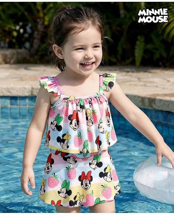 Babyhug Disney Sleeveless Two Piece Swimsuit With Minnie Mouse & Family Print - Multicolour