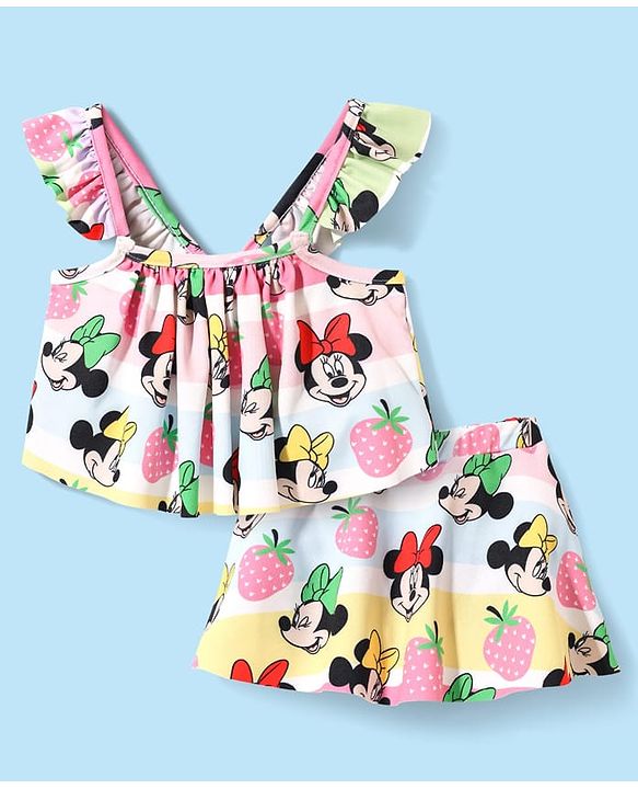 Babyhug Disney Sleeveless Two Piece Swimsuit With Minnie Mouse & Family Print - Multicolour