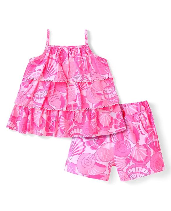 Babyhug Single Jersey Singlet Sleeves Top & Shorts Set with Print - Dark Pink