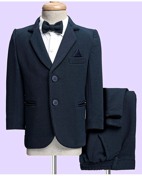 Babyhug Knit Full Sleeves Solid 3 Piece Party Suit With Bow - Navy Blue
