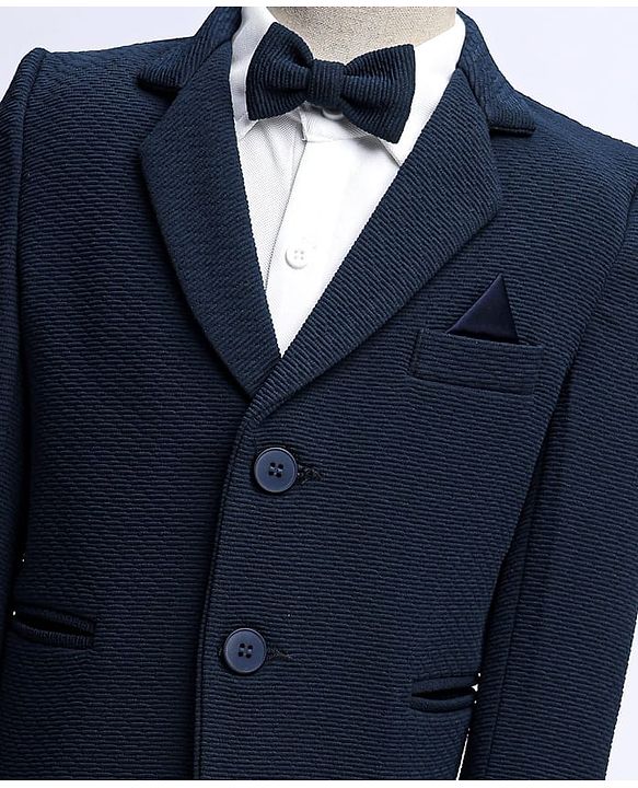 Babyhug Knit Full Sleeves Solid 3 Piece Party Suit With Bow - Navy Blue