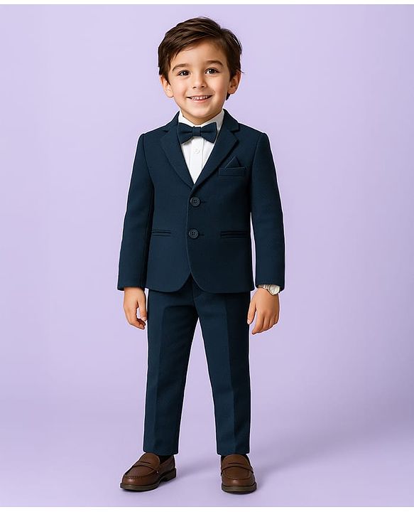 Babyhug Knit Full Sleeves Solid 3 Piece Party Suit With Bow - Navy Blue