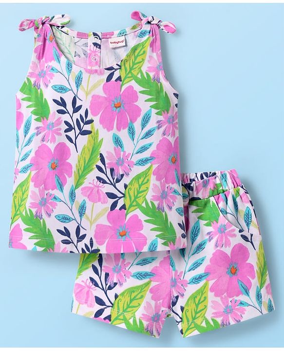 Babyhug Single Jersey Knit Sleeveless Top & Shorts Co-Ord Set With Floral Print - White