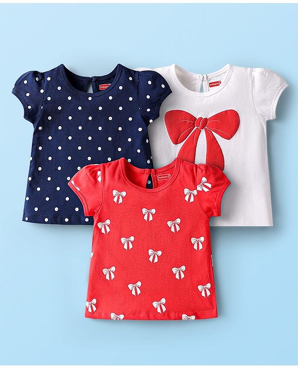 Babyhug Cotton Knit Half Sleeves T-Shirts with Polka Dots & Bow Print Pack of 3 - Red Navy Blue & White