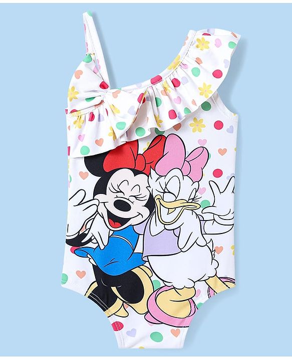Babyhug Disney Sleeveless V Cut Swimsuit With Minnie Mouse And Family Print & Bow Applique - White