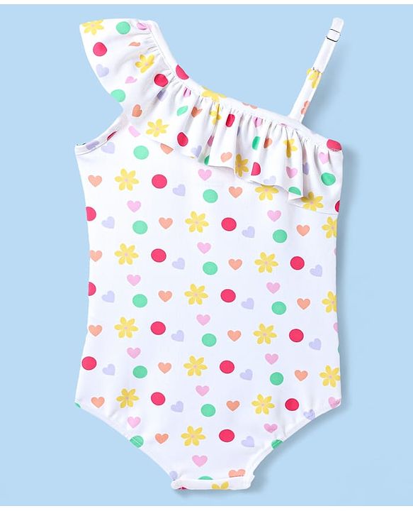 Babyhug Disney Sleeveless V Cut Swimsuit With Minnie Mouse And Family Print & Bow Applique - White