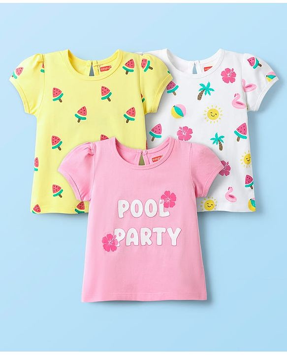Babyhug Cotton Knit Half Sleeves T-Shirts With Tropical Print  Pack Of 3 -Yellow &  Pink