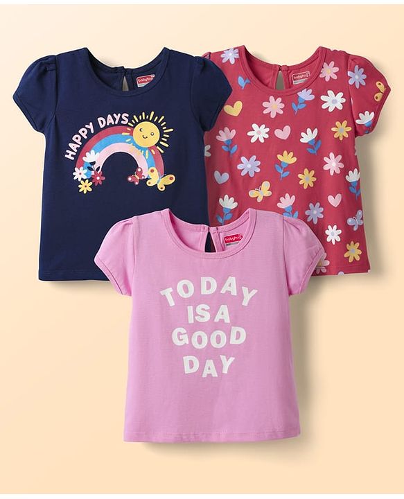 Babyhug Cotton Knit Half Sleeves T-Shirts with Floral Text & Rainbow Print Pack of 3 - Pink Red & Navy Blue