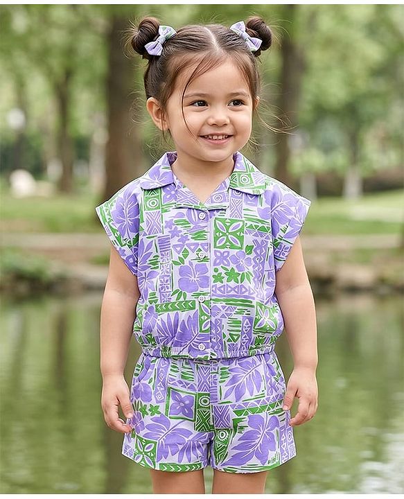 Babyhug 100% Cotton Single Jersey Knit Half Sleeves Co-ords Top & Shorts Set with Tropical Theme Print - Lavender