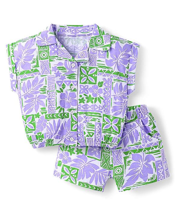 Babyhug 100% Cotton Single Jersey Knit Half Sleeves Co-ords Top & Shorts Set with Tropical Theme Print - Lavender