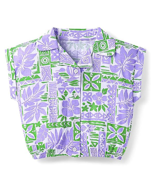 Babyhug 100% Cotton Single Jersey Knit Half Sleeves Co-ords Top & Shorts Set with Tropical Theme Print - Lavender