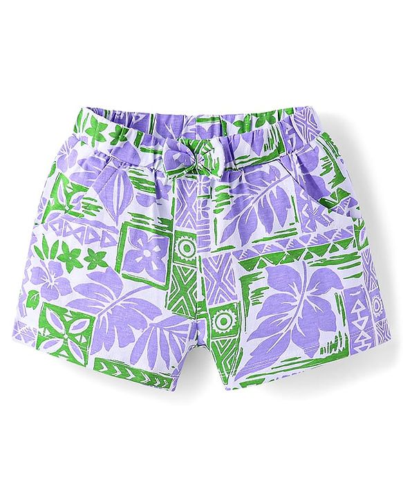 Babyhug 100% Cotton Single Jersey Knit Half Sleeves Co-ords Top & Shorts Set with Tropical Theme Print - Lavender