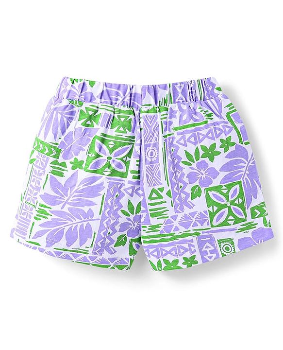 Babyhug 100% Cotton Single Jersey Knit Half Sleeves Co-ords Top & Shorts Set with Tropical Theme Print - Lavender