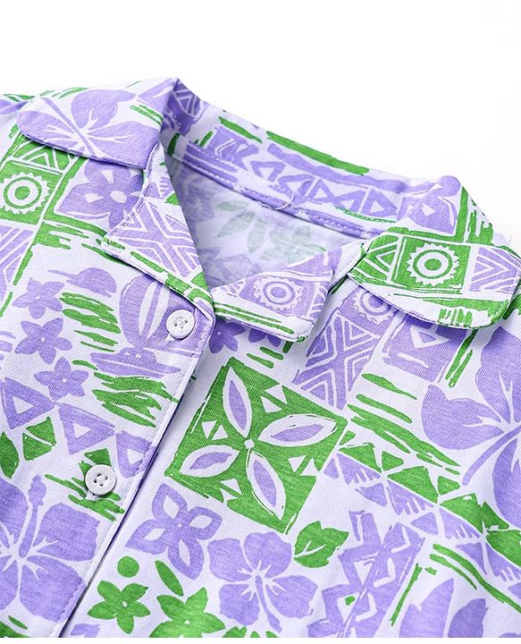 Babyhug 100% Cotton Single Jersey Knit Half Sleeves Co-ords Top & Shorts Set with Tropical Theme Print - Lavender