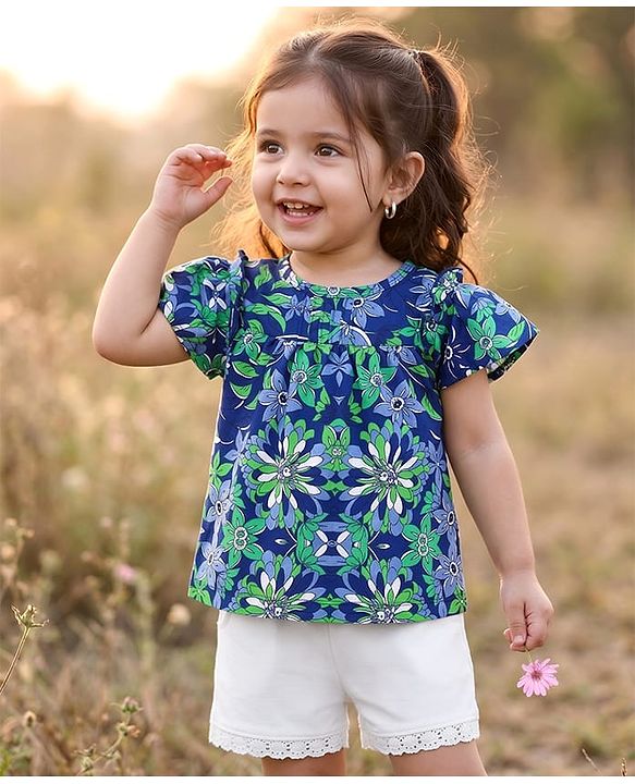 Babyhug Cotton Woven Half Frill Sleeves Floral Printed Top & Shorts Set - White & Blue
