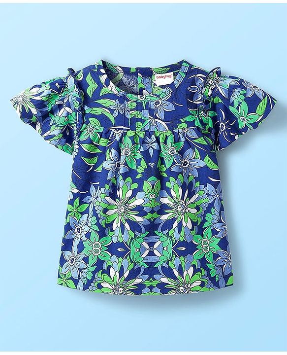 Babyhug Cotton Woven Half Frill Sleeves Floral Printed Top & Shorts Set - White & Blue